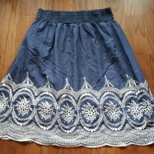A Line navy blue skirt with white embroidery